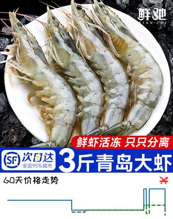 【7折】鲜驰 虾 青岛大虾 基围虾鲜活青虾白虾海虾对虾冰虾冻虾生鲜 虾类海鲜 气冻大虾 3斤净重  14-16cm【单只冻 无冰衣】https://u.jd.com/U6euPib----普遍有货 | 下3件最优到手单价：54.75 -> 【43.23】