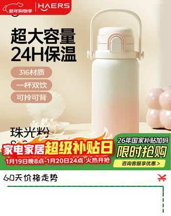 哈尔斯保温壶水壶大容量吸管双饮水杯子男女士学生316不锈钢 粉950ML