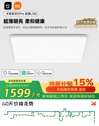 【8折】米家小米吸顶灯Pro超薄L100无缝护眼全光谱客厅【新品现货速发】https://u.jd.com/4a4eXum----普遍有货 | 下1件最优到手单价：1693.8 -> 【1359.2】