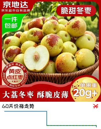 【8折】京地达陕西大荔冬枣 净重3斤 单果20g  京东自营水果源头直发包邮https://u.jd.com/Uac6aQw----普遍有货 | 下1件最优到手单价：69.9 -> 【58.9】