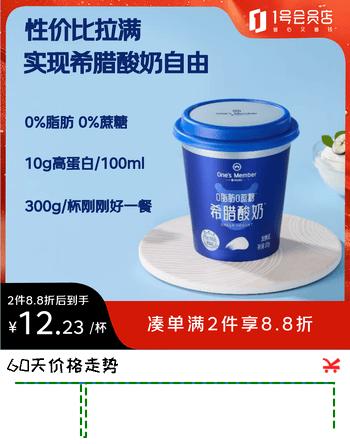 【2折】1号会员店（One’s Member） 0脂肪希腊酸奶 300g/杯 0蔗糖10g蛋白/100g 脱脂酸奶 代餐https://u.jd.com/4OkeCF6----普遍有货 | 下1件最优到手单价：49.8 -> 【14.94】