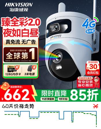 【7折】海康威视（HIKVISION）臻全彩2.0双摄 4g监控摄像头 室外终身免流量360度无死角带夜视全景高清监控器农村户外防水q4https://u.jd.com/k16P6UC----普遍有货 | 下1件最优到手单价：658.99 -> 【515.1】