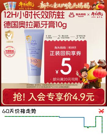 兔头妈妈奥拉氟儿童牙膏低氟防蛀牙膏10g水蜜桃味不辣口3-12岁