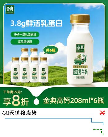 【8折】伊利金典鲜牛奶 3.8g乳蛋白208ml6瓶 Q萌小鲜瓶 巴氏杀菌低温牛奶https://u.jd.com/xGcUSGy----普遍有货 | 下3件最优到手单价：25.52 -> 【20.51】
