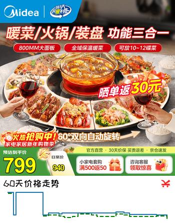 美的（Midea）暖菜板加热热菜板保温板饭菜板 带电陶炉可打火锅2025新款多功能家用加热桌垫 大尺寸80cm/1米转盘 【火锅+暖菜+电动旋转】80YH