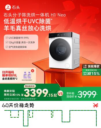 【8折】石头（roborock）分子筛洗烘一体机H1 Neo 家用12kg公斤大容量滚筒洗衣机洗烘一体洗衣机全自动智能投 冰川白 滚筒洗烘https://u.jd.com/41R8y6H----普遍有货 | 下1件最优到手单价：2699.29 -> 【2351.76】