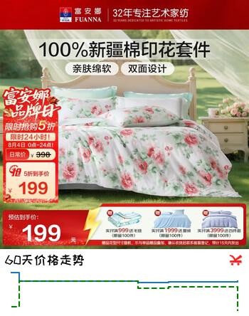 【5折】富安娜床上四件套纯棉100%数码印花床单被套 单双人套件 203×229cm 夏花https://u.jd.com/UDrbQsn----普遍有货 | 下1件最优到手单价：352.5 -> 【199】