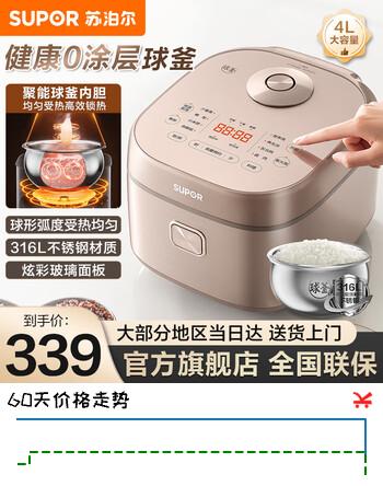苏泊尔（SUPOR）官方推荐0涂层球釜电饭煲大容量不锈钢内胆1-8人电饭锅家用智能多功能柴火饭煲汤无涂层煮粥煮饭锅 [316L材质]4L无涂层球釜内胆(可用5-8人）