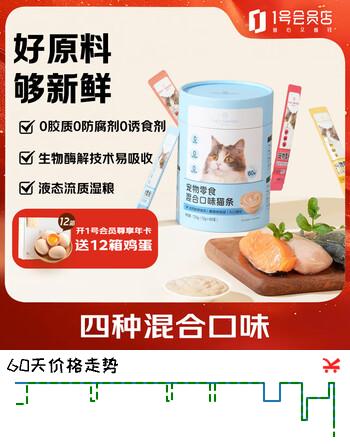 【8折】1号会员店鲜肉配方猫条 猫零食补水发腮混合口味 12g60条https://u.jd.com/U1hI4if----普遍有货 | 下11件最优到手单价：54 -> 【44.45】