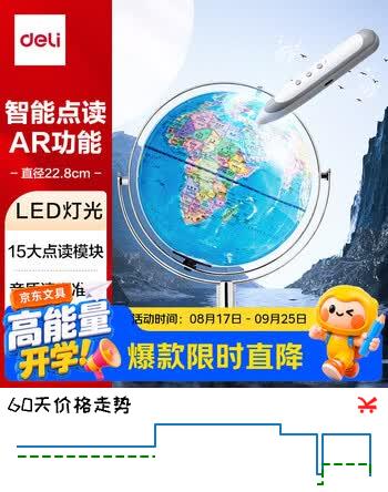 【5折】得力（deli）22.8cm万向点读AR金属发光地球仪摆件智能早教初高中学习开学男女孩玩具儿童教师节礼物中国地理https://u.jd.com/xriYHzZ----普遍有货 | 下4件最优到手单价：99.5 -> 【59.49】