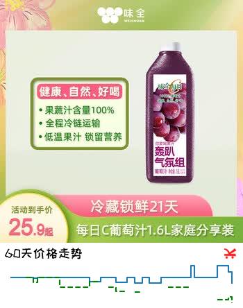 味全每日C葡萄汁 1600ml 100%果汁 冷藏果蔬汁饮料聚餐聚会送礼分享装