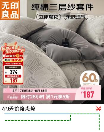 【6折】无印良品A类纯棉三层纱四件套床上用品全棉床单被套 1.5/1.8米床https://u.jd.com/kGix8Pc----普遍有货 | 下1件最优到手单价：299.2 -> 【187】