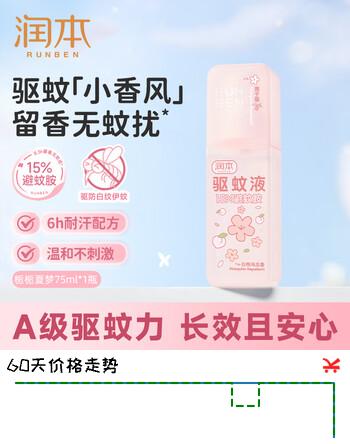 【7折】润本白桃乌龙驱蚊喷雾 避蚊胺香氛驱蚊液户外防蚊虫叮咬便携长效防蚊 75ml1瓶【白桃乌龙】https://u.jd.com/4OkhN7y----普遍有货 | 下1件最优到手单价：13.89 -> 【9.9】