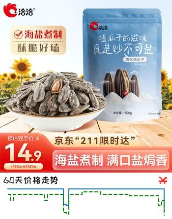 【6折】洽洽海盐味瓜子零食500g1袋 大包装葵花籽炒货团购休闲零食新风味https://u.jd.com/9a9cnkQ----多半有货 | 下7件最优到手单价：13.11 -> 【7.92】