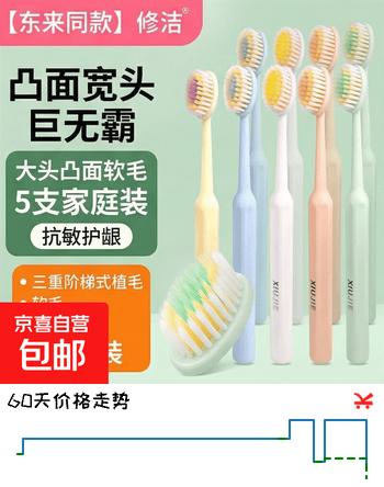 【4折】【东来同款】修洁大头凸面阶梯植毛罗马柱巨无霸牙刷成人家庭装 【抗敏护龈】大头凸面软毛刷 5支https://u.jd.com/4D58vri----普遍有货 | 下2件最优到手单价：3.99 -> 【1.69】