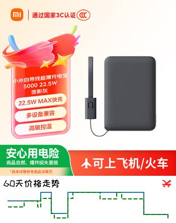 小米（MI）【3C认证】自带线超薄充电宝 5000 22.5W 夜影灰 可上飞机/火车 可充手机平板笔记本耳机