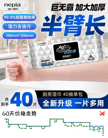 妮飘（Nepia）厨房湿巾纸巾40抽*1包去油污懒人抹布99%细菌擦除抹即净带盖抽纸