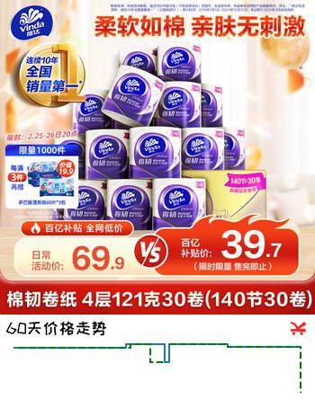 维达（Vinda）有芯卷纸 棉韧4层140节30卷 卫生纸厕纸纸巾整箱（121克*30卷）