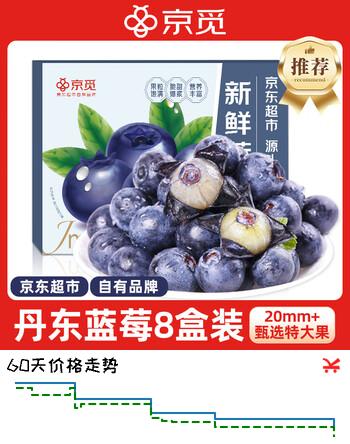 京觅丹东新鲜蓝莓 8盒装20mm+ 约126g/盒 生鲜水果 源头直发