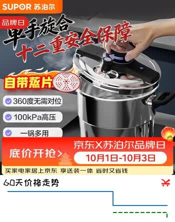 【8折】苏泊尔（SUPOR）防爆高压锅304不锈钢巧易开7.2L压力锅22cm燃气电磁炉通用 带蒸格https://u.jd.com/4D5JyQb----普遍有货 | 下13件最优到手单价：418.65 -> 【345.69】