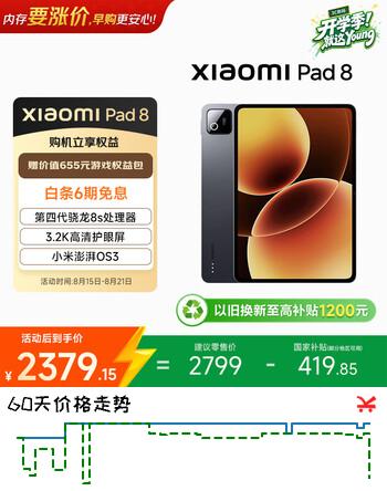 【6折】小米平板8【国家补贴】11.2英寸 3.2K 超清护眼屏 第四代骁龙8s 澎湃OS3 学生平板 8 256G 黑色https://u.jd.com/kDri0sP----普遍有货 | 下1件最优到手单价：2499 -> 【1687.89】