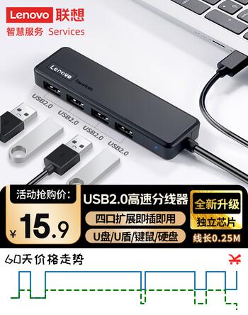 联想（lenovo）USB分线器USB2.0接口转接器USB扩展器延长线笔记本电脑hub拓展坞USB扩展坞转换器BY01-2.0 (0.25M)
