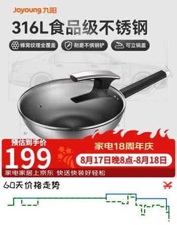 【7折】九阳（Joyoung）炒锅不粘锅316不锈钢锅炒菜锅家用炒锅蜂窝锅炉灶通用32cmhttps://u.jd.com/kOuJWIT----普遍有货 | 下2件最优到手单价：194 -> 【147.3】