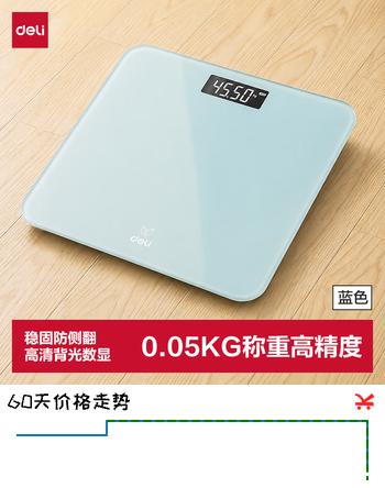 【7折】得力（deli）体重秤健康秤家用小型精准耐用电子秤高精度屏幕体重管理-LE118A蓝台https://u.jd.com/k66Xv1Y----普遍有货 | 下72件最优到手单价：24.9 -> 【18.81】