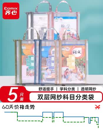 【7折】齐心（COMIX）5个装双层科目分类袋学生文件袋网纱学科作业试券收纳袋小学拉链书袋文具袋手提袋EA5019https://u.jd.com/kGLcNOE----普遍有货 | 下3件最优到手单价：14.23 -> 【10.9】