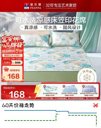 【7折】富安娜清绾凉席冰丝席夏季印花软席床笠款三件套绿1.82米【可水洗】https://u.jd.com/UOrrDHa----普遍有货 | 下1件最优到手单价：239.11 -> 【168】