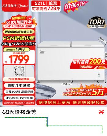美的（Midea）521L单温家用商用冰柜冷藏冷冻柜两用大容量冷柜低霜节能冰箱京东自营BD/BC-521DKM(E)以旧换新