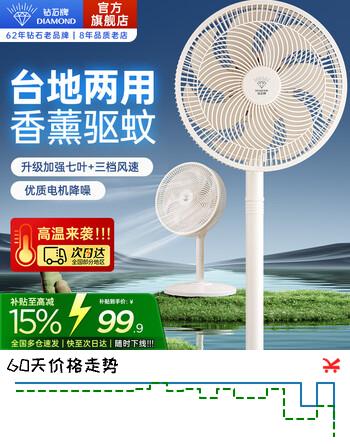 钻石牌（DIAMOND）电风扇空气循环落地扇家用节能轻音大风量电风扇 学生宿舍客厅立式静音电扇大风力语音轻音电扇XR 【官旗热销】12寸7片仿生扇叶/香薰驱蚊