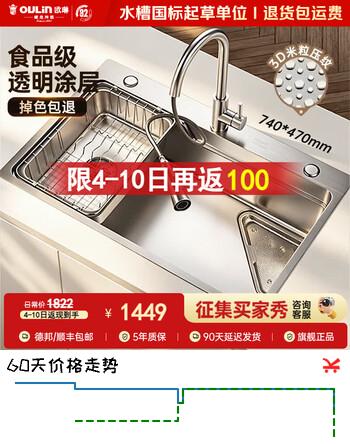 【9折】欧琳（OULIN）厨房水槽大单槽洗菜盆大单槽2026年最新款 304不锈钢米粒集渣盆 740470纳米银配两出水抽拉龙头https://u.jd.com/UgJqrsv----普遍有货 | 下1件最优到手单价：1547.16 -> 【1399.1】