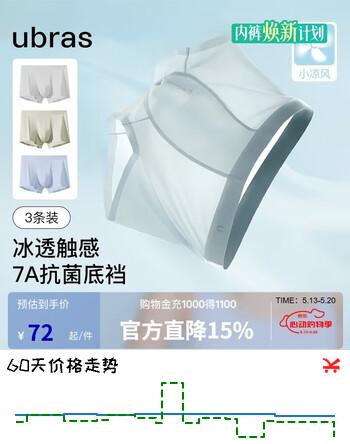 ubras小凉风男士内裤7A抗菌裆冰丝内裤男超薄无痕透气3条装-2XL