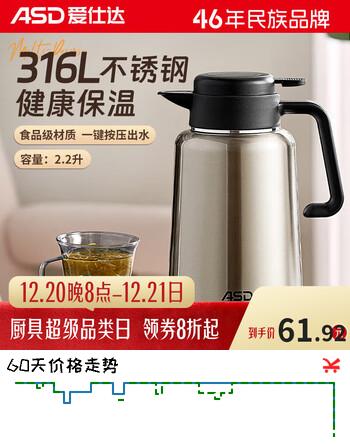 爱仕达（ASD）保温壶家用大容量316L不锈钢内胆真空暖热水壶保温瓶2.2升钢本色