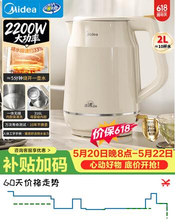 美的（Midea）电热水壶2L大容量2200W速沸双层防烫316L母婴级无缝内胆SH20M119PRO【价保618】