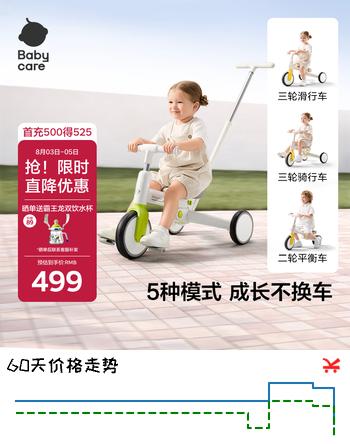 【7折】babycare儿童三轮车宝宝遛娃神器脚踏车多功能手推车1车5用周岁礼物贝壳白https://u.jd.com/UaOFmzB----普遍有货 | 下1件最优到手单价：499 -> 【395.12】