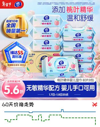 维达（Vinda）婴儿湿巾80片*8包 桃叶精华婴儿手口专用 家庭囤货湿巾大包湿纸巾
