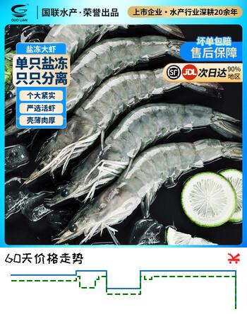 【8折】GUO LIAN国联水产 白虾大虾对虾加大号活虾急冻 虾类海鲜生鲜食材送礼 盐冻南美大虾-超大号 2.8斤净重 https://u.jd.com/9OxlZcQ----普遍有货 | 下2件最优到手单价：102.23 -> 【84.9】