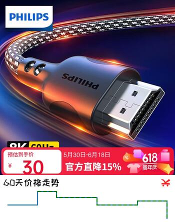 飞利浦HDMI线2.1版8K60Hz高清线适用笔记本电脑机顶盒接电视显示器投影仪视频连接线1.5米 兼容HDMI2.0
