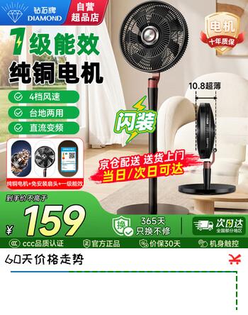 【8折】钻石牌（DIAMOND）电风扇家用落地扇摇头空气循环扇双滚珠轴承电扇台式桌面小型直流变频风扇空调伴侣一级能效 超薄触控款【纯铜电机/1级能效/4档风】https://u.jd.com/UDWFEUJ----普遍有货 | 下1件最优到手单价：158.93 -> 【127.2】