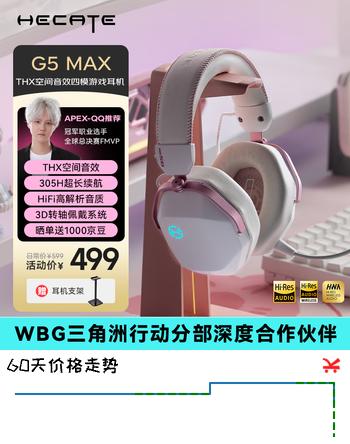 漫步者（EDIFIER）HECATE G5 MAX无线版 2.4G有线蓝牙四模THX音效头戴式无线耳机电竞游戏电脑专用三角洲FPS吃鸡粉色
