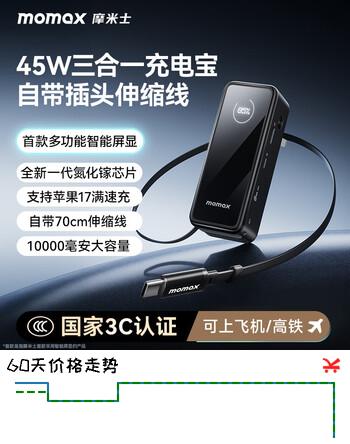 摩米士（MOMAX）45W氮化镓三合一充电宝带插头自带70cm伸缩线充电器屏显10000mah大容量适用苹果17pro安卓 黑色