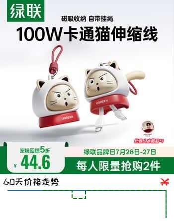 【5折】绿联【易烊千玺推荐】萌趣猫猫伸缩线双头Type-C数据线PD100W磁吸快充电线适用华为荣耀苹果平板笔记本https://u.jd.com/9DksHNV----普遍有货 | 下1件最优到手单价：75.65 -> 【44.6】