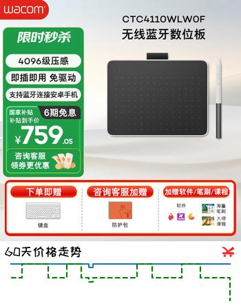 【8折】Wacom数位板 手绘板 手写板连电脑写字板 绘画板 支持蓝牙连接手机 绘图板画板CTC4110WLW0F小号https://u.jd.com/xGRMFwD----普遍有货 | 下1件最优到手单价：724 -> 【599】