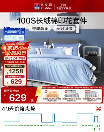 富安娜×京东定制 床上四件套 100支长绒棉套件 纯棉全棉床单 203×229cm被套 素语蓝