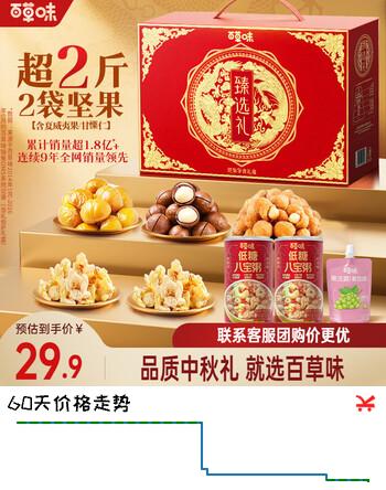 【8折】百草味坚果 零食礼盒 零食大礼包中秋节送礼商务礼品团购 臻选礼坚果零食礼盒1150ghttps://u.jd.com/xgmRS2m----普遍有货 | 下1件最优到手单价：29.9 -> 【26.9】