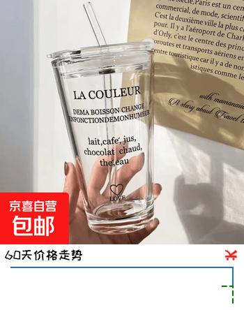 水杯玻璃杯吸管杯女高颜值可爱便携耐热仙女杯创意双饮杯随手杯子 450ml黑色字母+盖子+玻璃吸管 1只