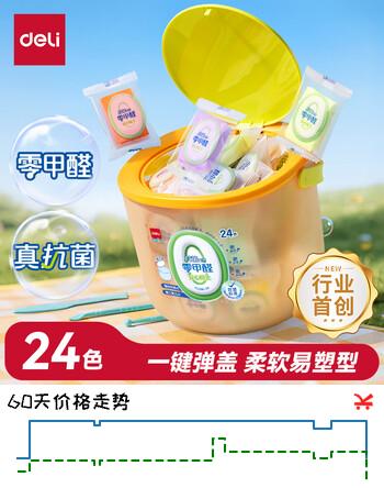 【8折】得力（deli）24色零甲醛超轻粘土安全抗菌一键开盖桶幼儿园手工DIY彩泥橡皮泥黏土学生生日开学礼物https://u.jd.com/9a9jNOI----普遍有货 | 下3件最优到手单价：14.5 -> 【11.91】