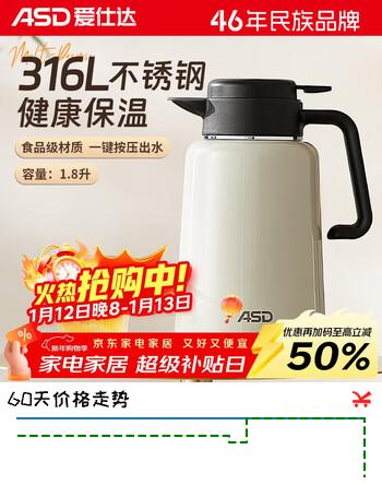 爱仕达保温壶大容量家用316L不锈钢内胆真空暖热水壶保温瓶1.8升星韵白